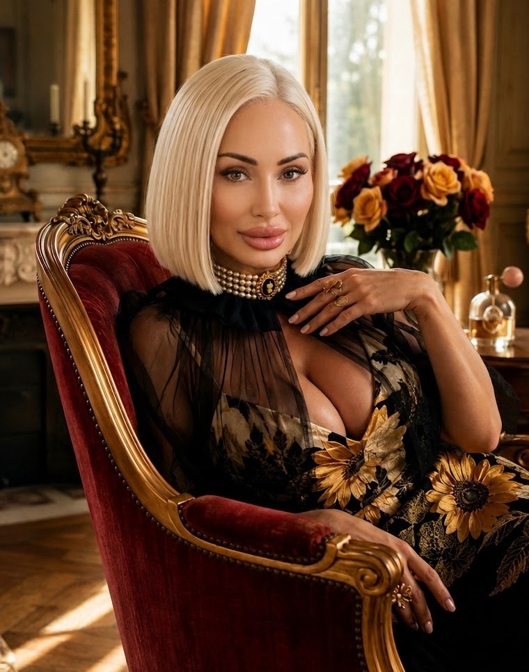 Yanita seated in an ornate gilded armchair in a lavishly decorated salon